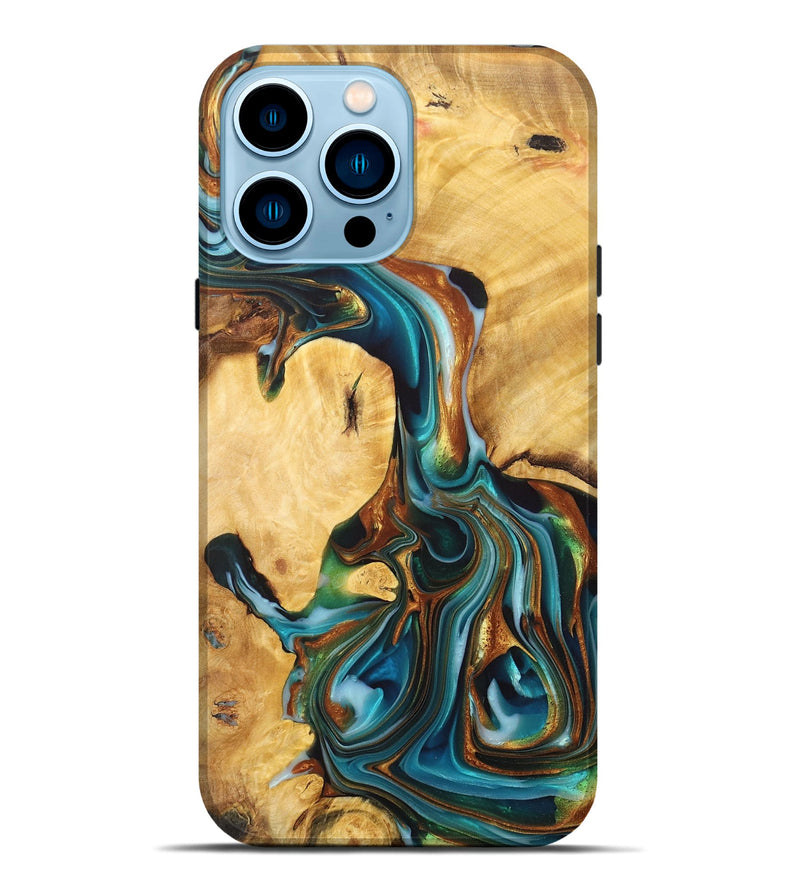 iPhone 14 Pro Max Wood+Resin Live Edge Phone Case - Noelle (Teal & Gold, 700593)