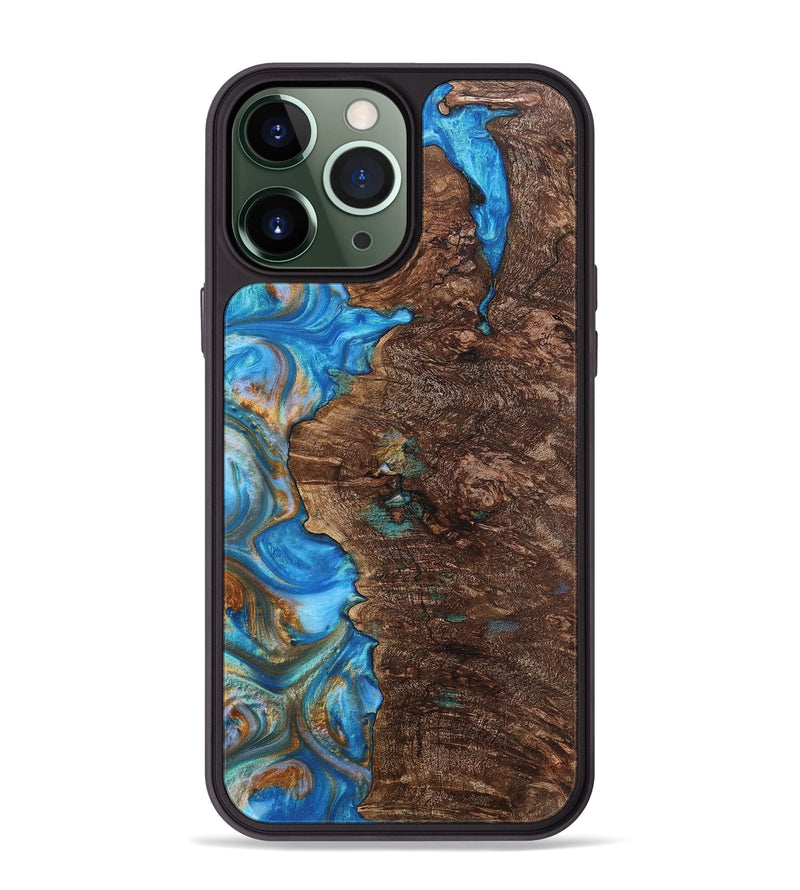 iPhone 13 Pro Max Wood+Resin Phone Case - Waylon (Teal & Gold, 700801)