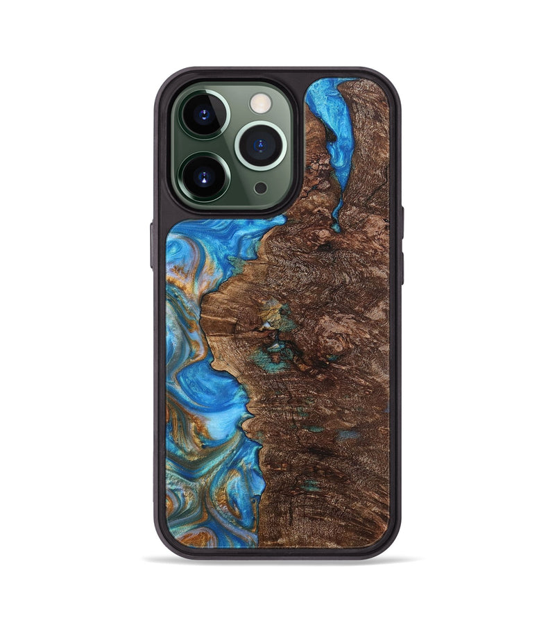 iPhone 13 Pro Wood+Resin Phone Case - Waylon (Teal & Gold, 700801)