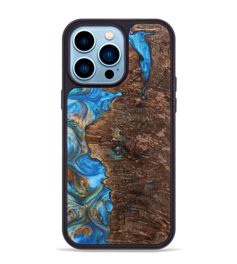 iPhone 14 Pro Max Wood+Resin Phone Case - Waylon (Teal & Gold, 700801)