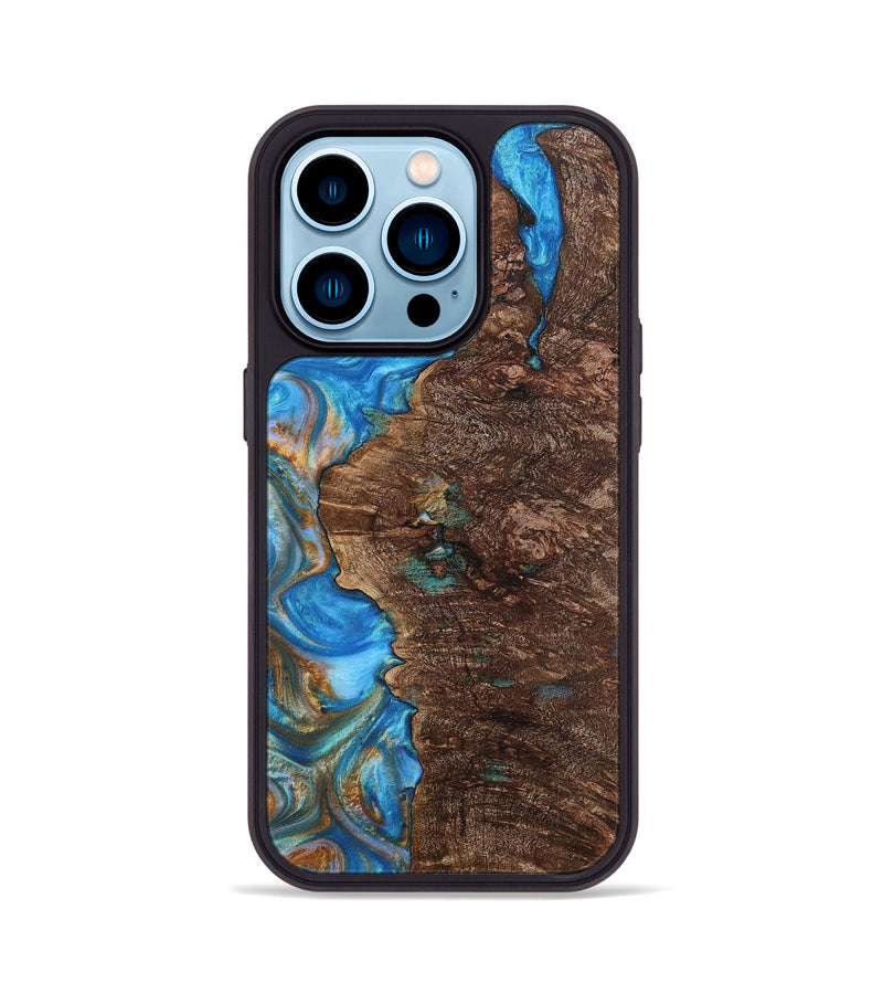 iPhone 14 Pro Wood+Resin Phone Case - Waylon (Teal & Gold, 700801)