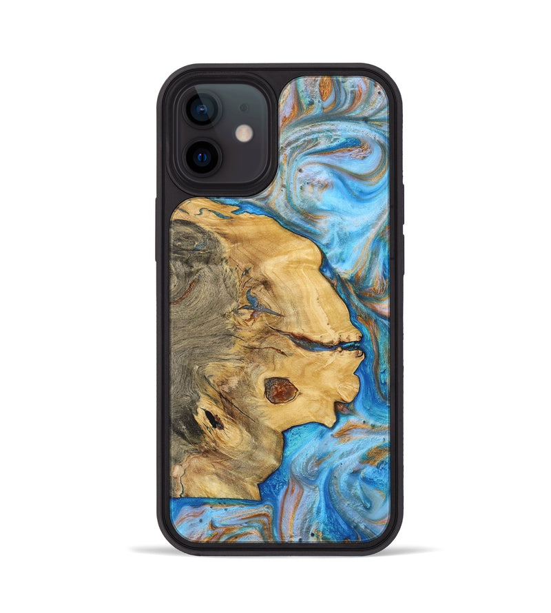 iPhone 12 Wood+Resin Phone Case - Clyde (Teal & Gold, 700802)