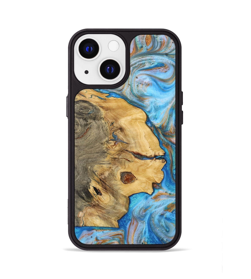 iPhone 13 Wood+Resin Phone Case - Clyde (Teal & Gold, 700802)