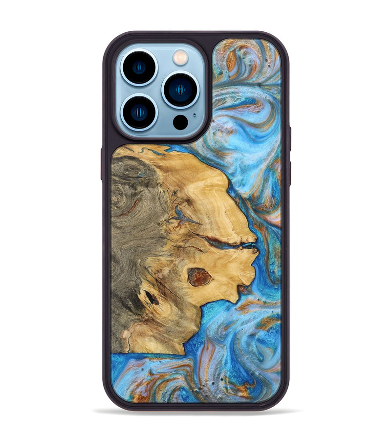 iPhone 14 Pro Max Wood+Resin Phone Case - Clyde (Teal & Gold, 700802)