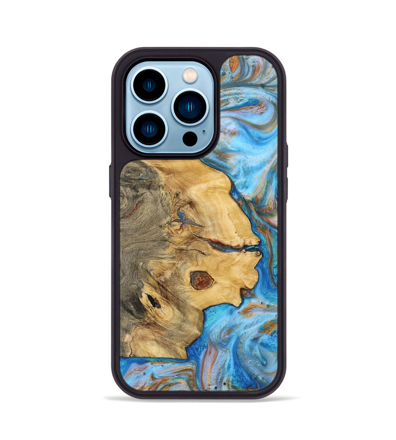 iPhone 14 Pro Wood+Resin Phone Case - Clyde (Teal & Gold, 700802)