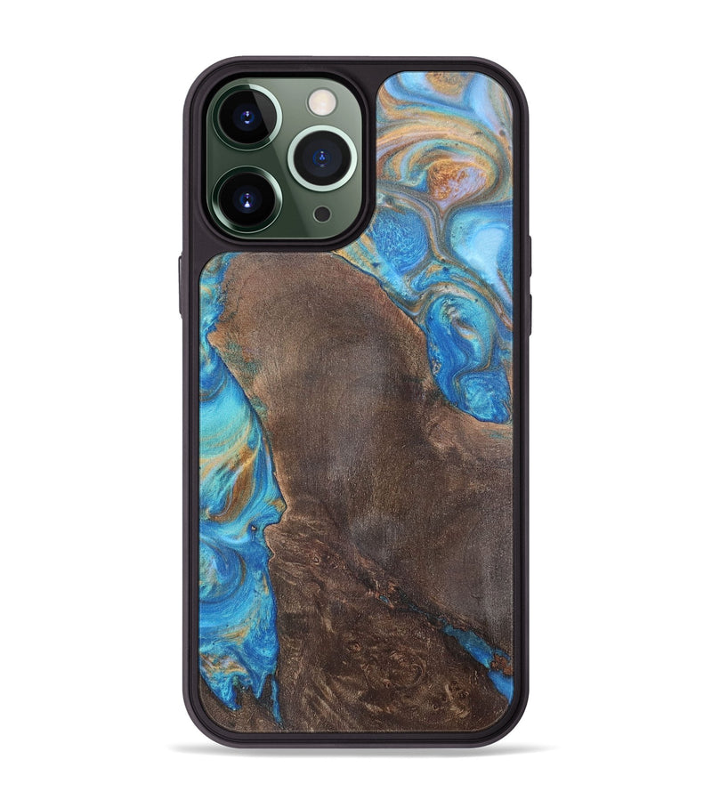 iPhone 13 Pro Max Wood+Resin Phone Case - Georgia (Teal & Gold, 700803)