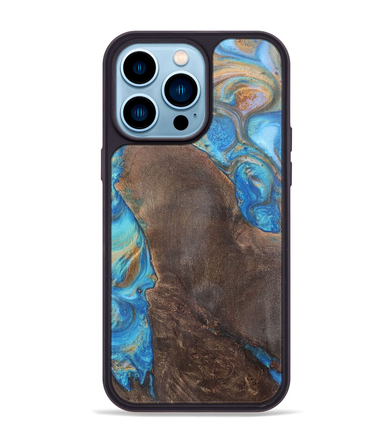 iPhone 14 Pro Max Wood+Resin Phone Case - Georgia (Teal & Gold, 700803)