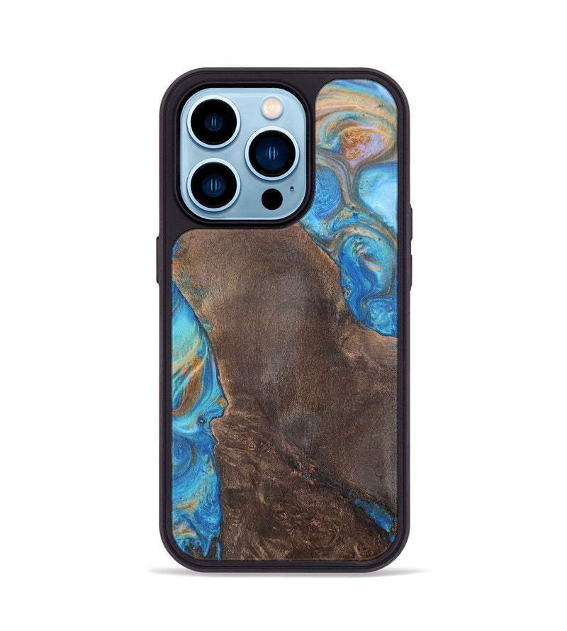 iPhone 14 Pro Wood+Resin Phone Case - Georgia (Teal & Gold, 700803)