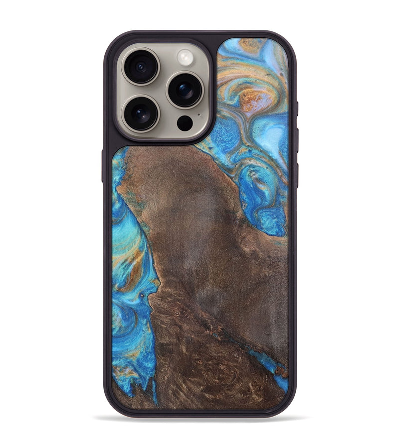 iPhone 15 Pro Max Wood+Resin Phone Case - Georgia (Teal & Gold, 700803)