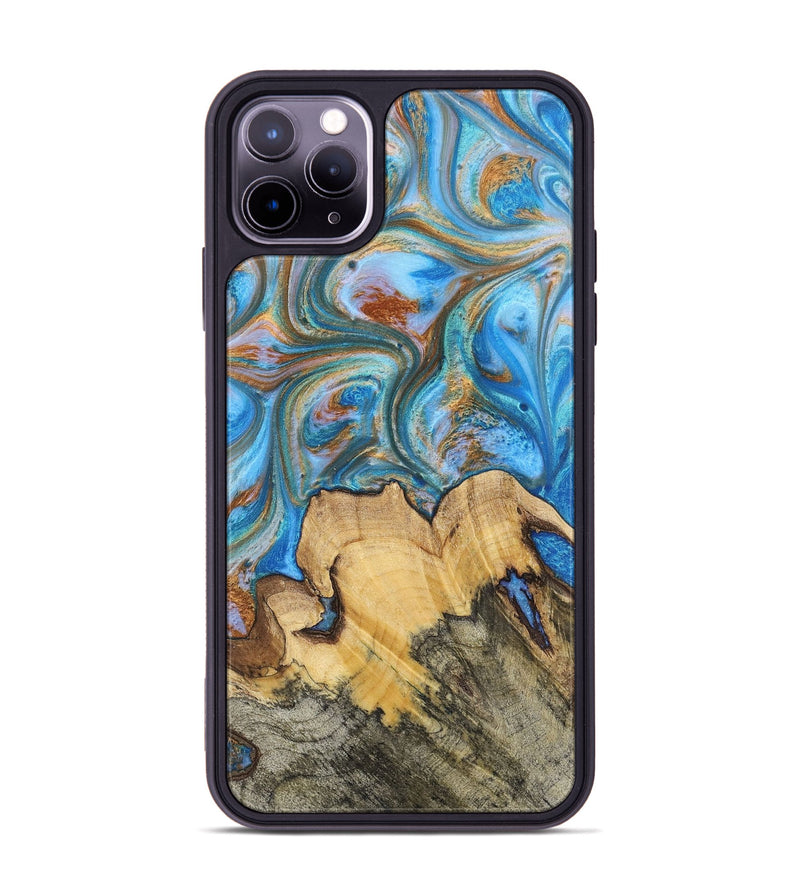 iPhone 11 Pro Max Wood+Resin Phone Case - Judy (Teal & Gold, 700804)