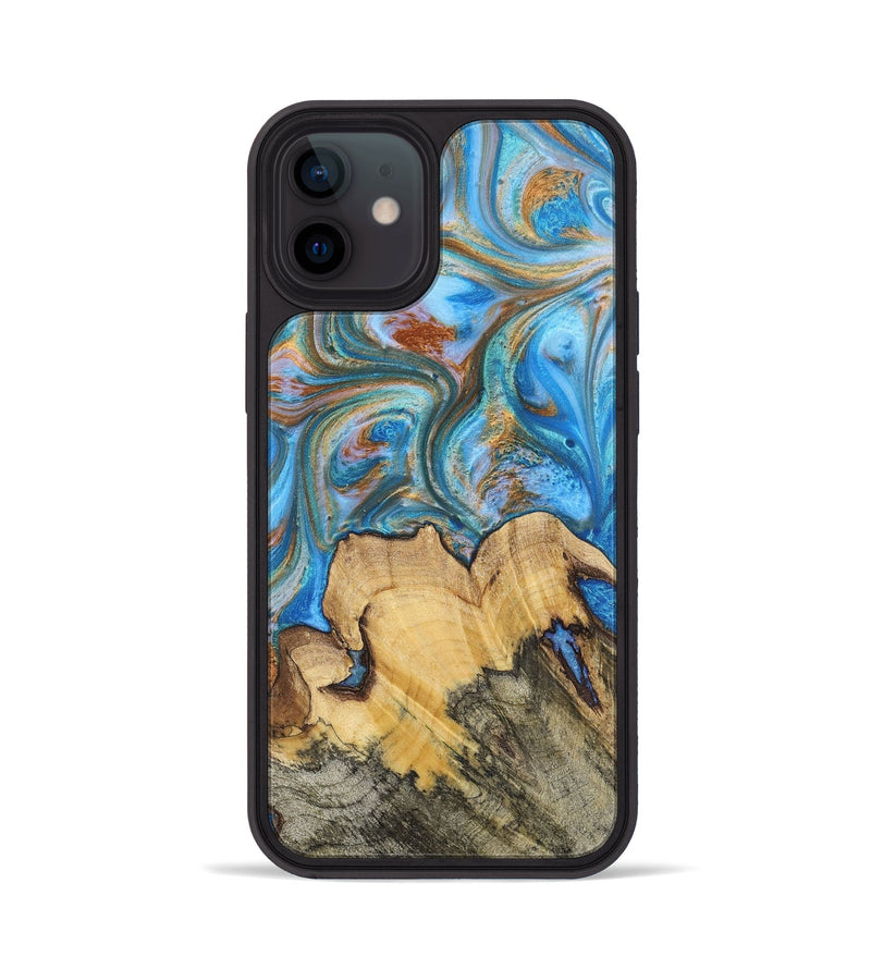 iPhone 12 Wood+Resin Phone Case - Judy (Teal & Gold, 700804)