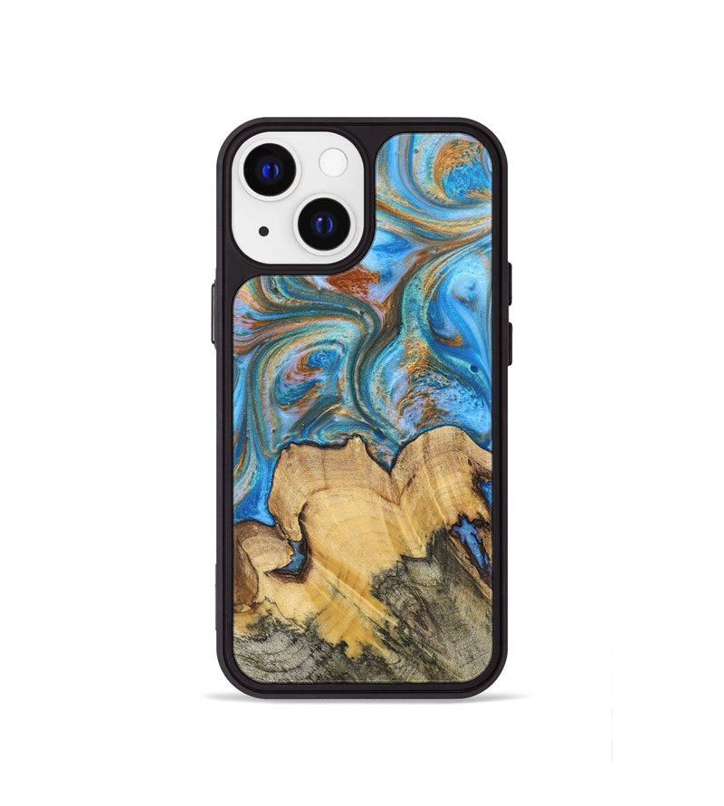 iPhone 13 mini Wood+Resin Phone Case - Judy (Teal & Gold, 700804)
