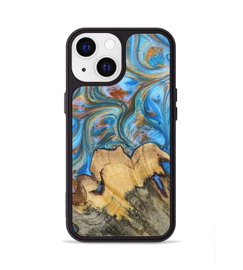 iPhone 13 Wood+Resin Phone Case - Judy (Teal & Gold, 700804)