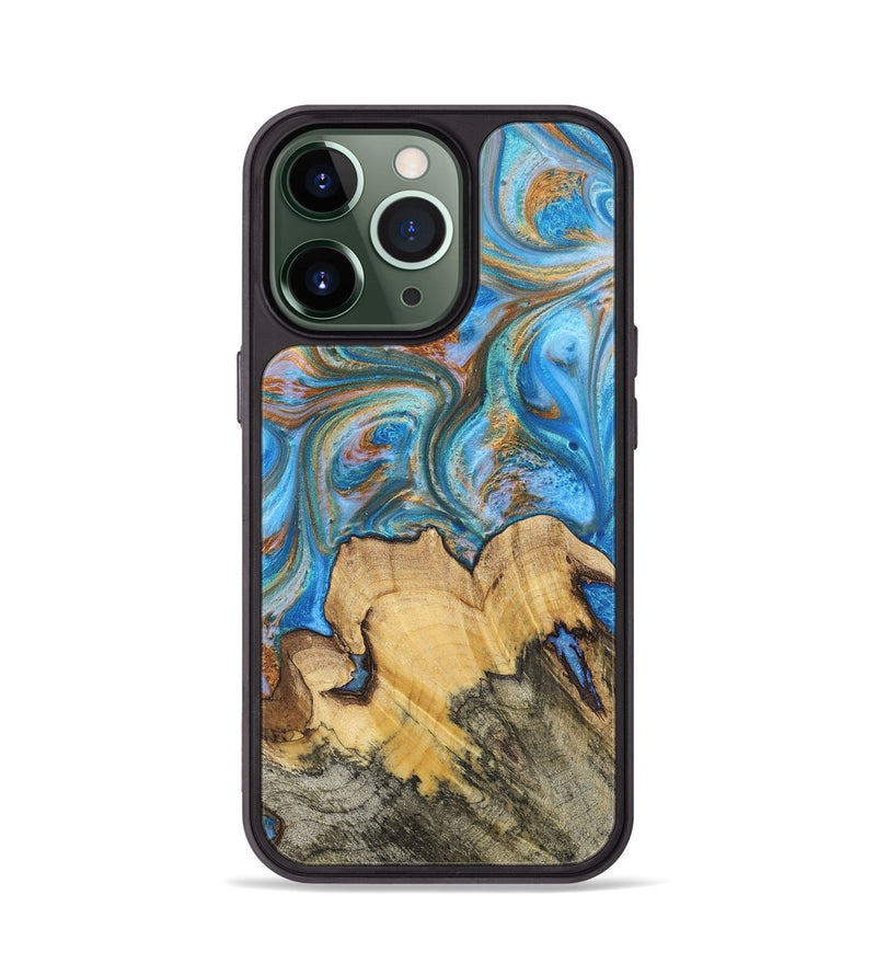 iPhone 13 Pro Wood+Resin Phone Case - Judy (Teal & Gold, 700804)