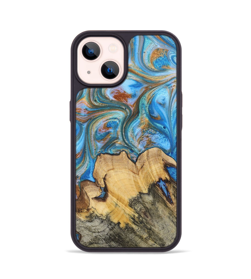 iPhone 14 Wood+Resin Phone Case - Judy (Teal & Gold, 700804)