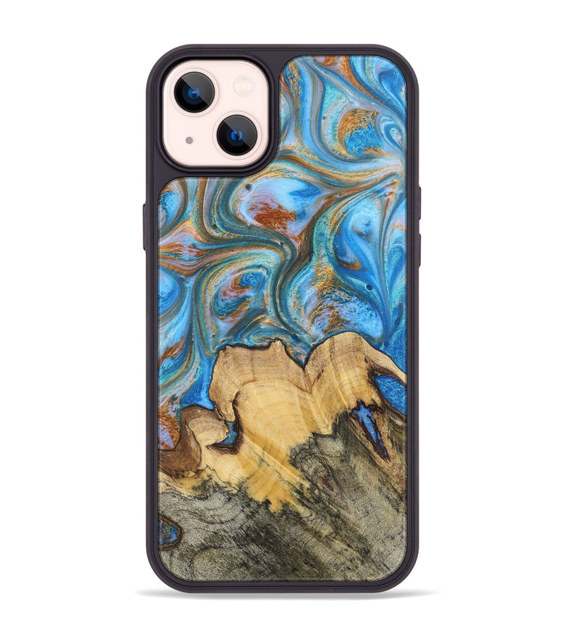 iPhone 14 Plus Wood+Resin Phone Case - Judy (Teal & Gold, 700804)