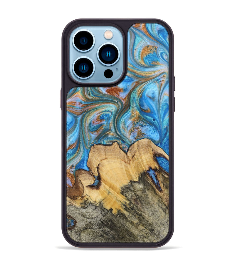 iPhone 14 Pro Max Wood+Resin Phone Case - Judy (Teal & Gold, 700804)