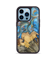 iPhone 14 Pro Wood+Resin Phone Case - Judy (Teal & Gold, 700804)
