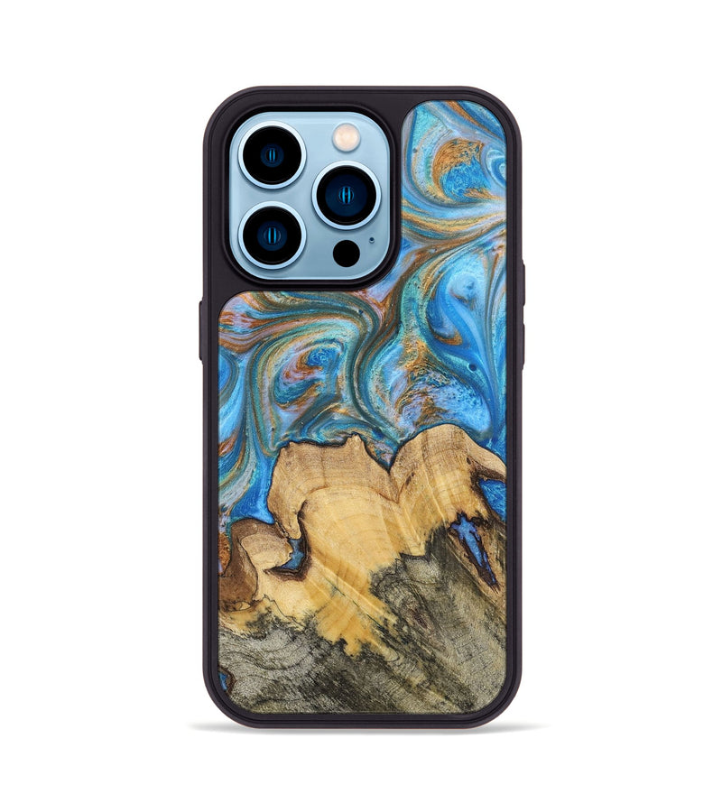 iPhone 14 Pro Wood+Resin Phone Case - Judy (Teal & Gold, 700804)