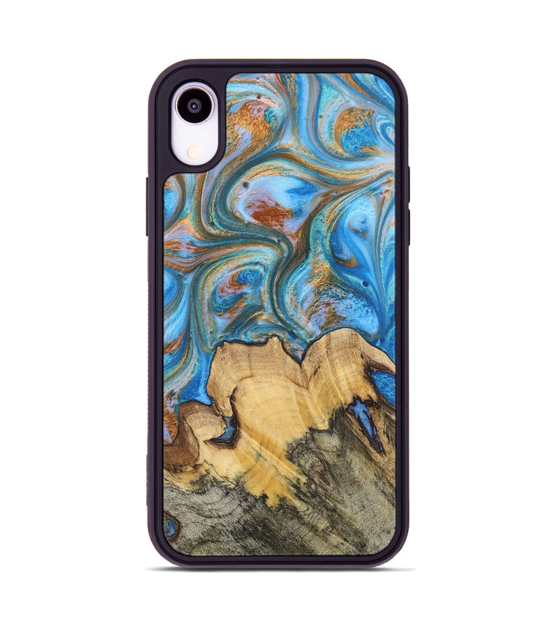 iPhone Xr Wood+Resin Phone Case - Judy (Teal & Gold, 700804)