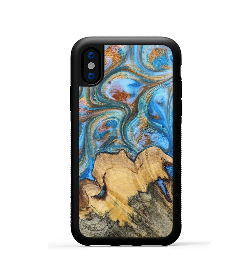 iPhone Xs Wood+Resin Phone Case - Judy (Teal & Gold, 700804)