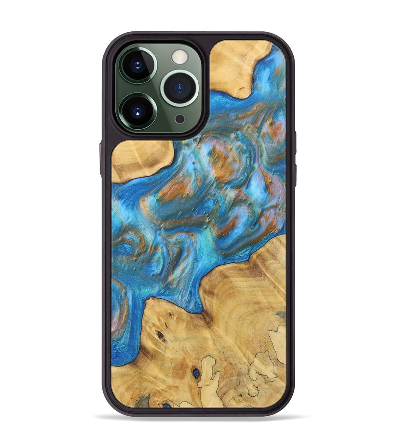 iPhone 13 Pro Max Wood+Resin Phone Case - Eleanor (Teal & Gold, 700805)