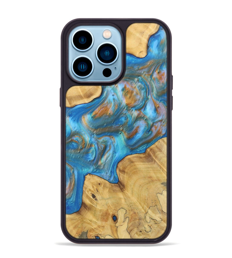 iPhone 14 Pro Max Wood+Resin Phone Case - Eleanor (Teal & Gold, 700805)