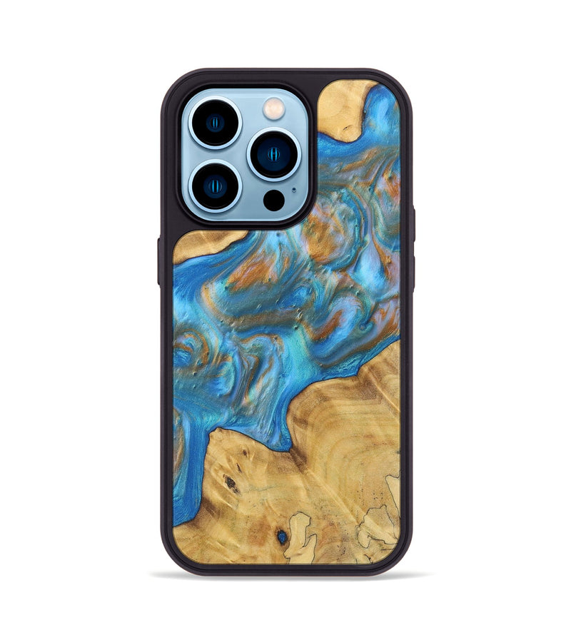 iPhone 14 Pro Wood+Resin Phone Case - Eleanor (Teal & Gold, 700805)