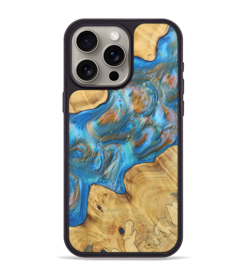 iPhone 15 Pro Max Wood+Resin Phone Case - Eleanor (Teal & Gold, 700805)