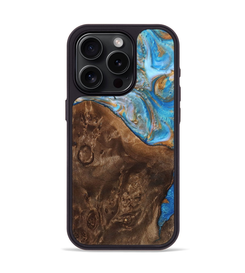 iPhone 15 Pro Wood+Resin Phone Case - Charlotte (Teal & Gold, 700807)