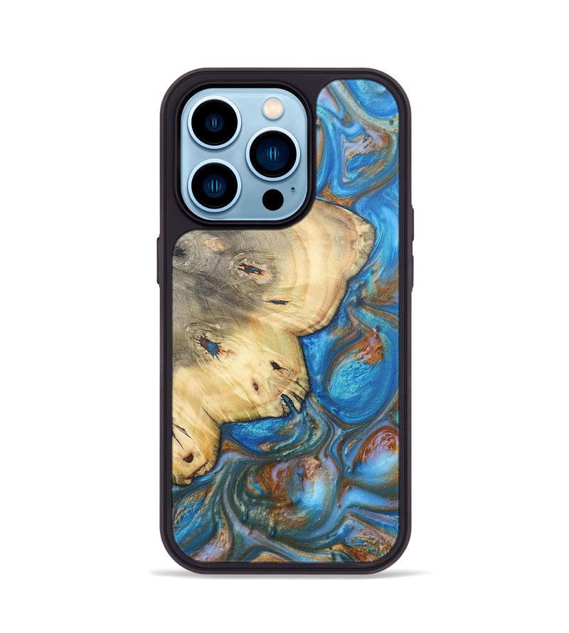 iPhone 14 Pro Wood+Resin Phone Case - Gwen (Teal & Gold, 700808)