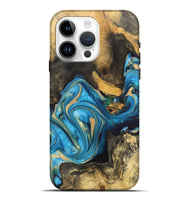 iPhone 15 Pro Max Wood+Resin Live Edge Phone Case - Bobbie (Teal & Gold, 700874)