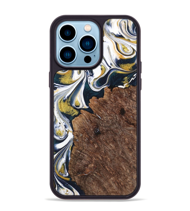 iPhone 14 Pro Max Wood+Resin Phone Case - Ramona (Teal & Gold, 701376)