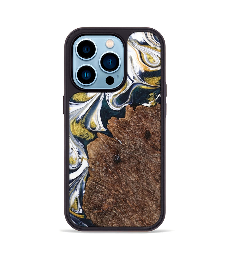 iPhone 14 Pro Wood+Resin Phone Case - Ramona (Teal & Gold, 701376)