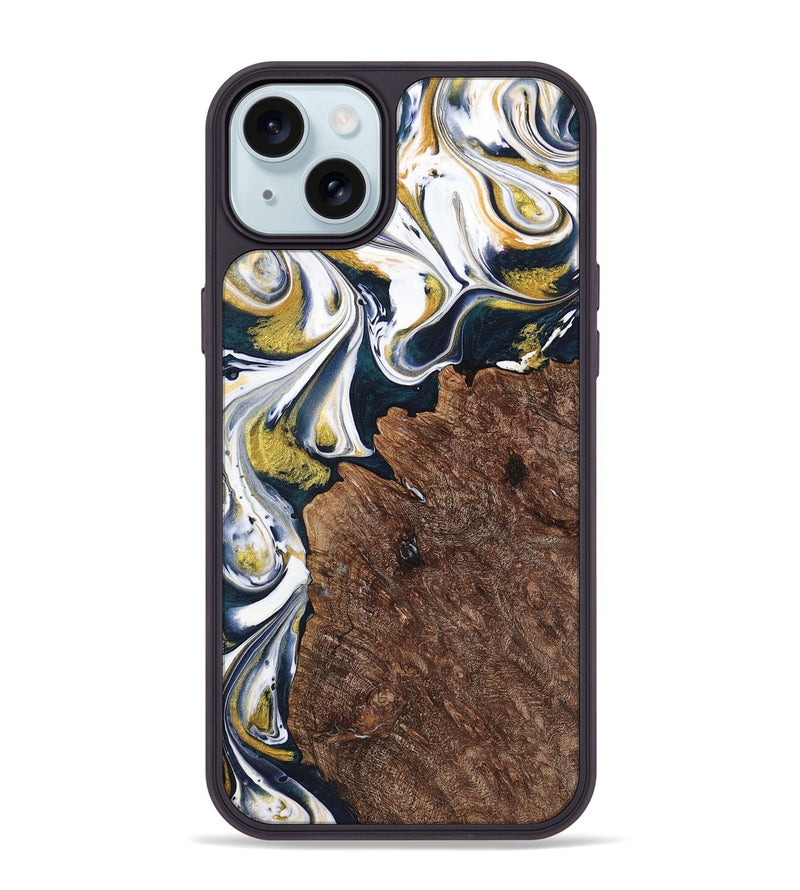 iPhone 15 Plus Wood+Resin Phone Case - Ramona (Teal & Gold, 701376)
