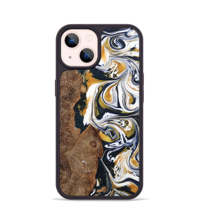 iPhone 14 Wood+Resin Phone Case - Josiah (Teal & Gold, 701380)