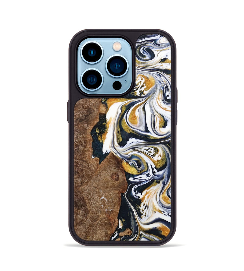 iPhone 14 Pro Wood+Resin Phone Case - Josiah (Teal & Gold, 701380)