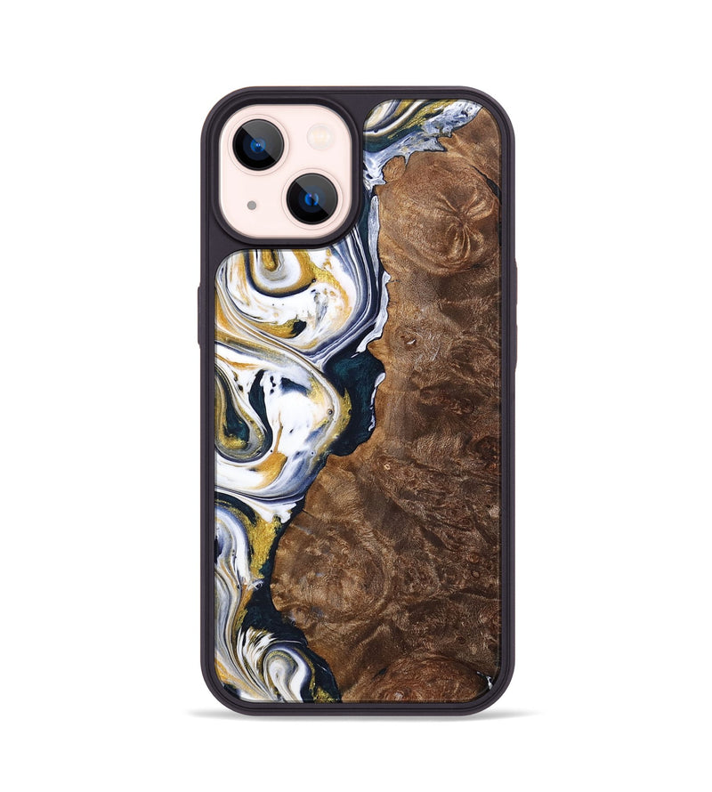 iPhone 14 Wood+Resin Phone Case - Trisha (Teal & Gold, 701381)