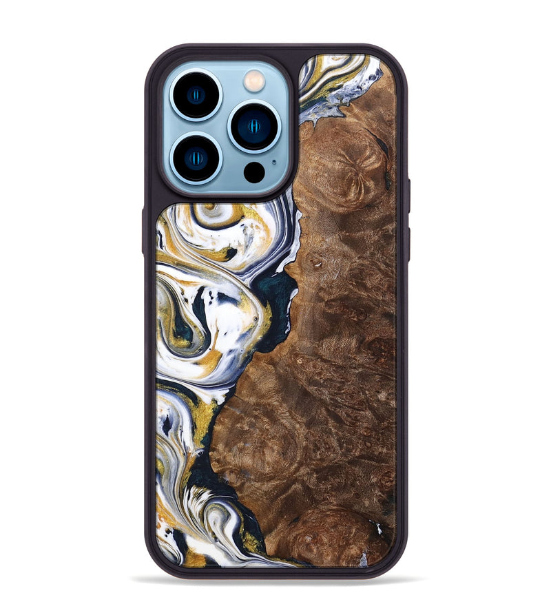 iPhone 14 Pro Max Wood+Resin Phone Case - Trisha (Teal & Gold, 701381)