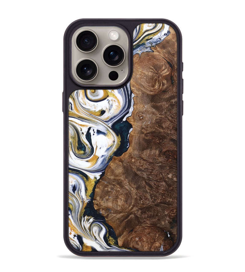 iPhone 15 Pro Max Wood+Resin Phone Case - Trisha (Teal & Gold, 701381)