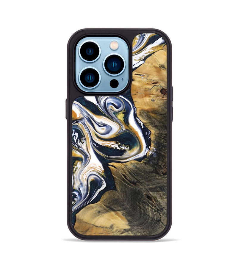 iPhone 14 Pro Wood+Resin Phone Case - Haisley (Teal & Gold, 701383)