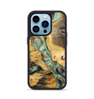 iPhone 14 Pro Wood+Resin Phone Case - Abram (Teal & Gold, 701386)