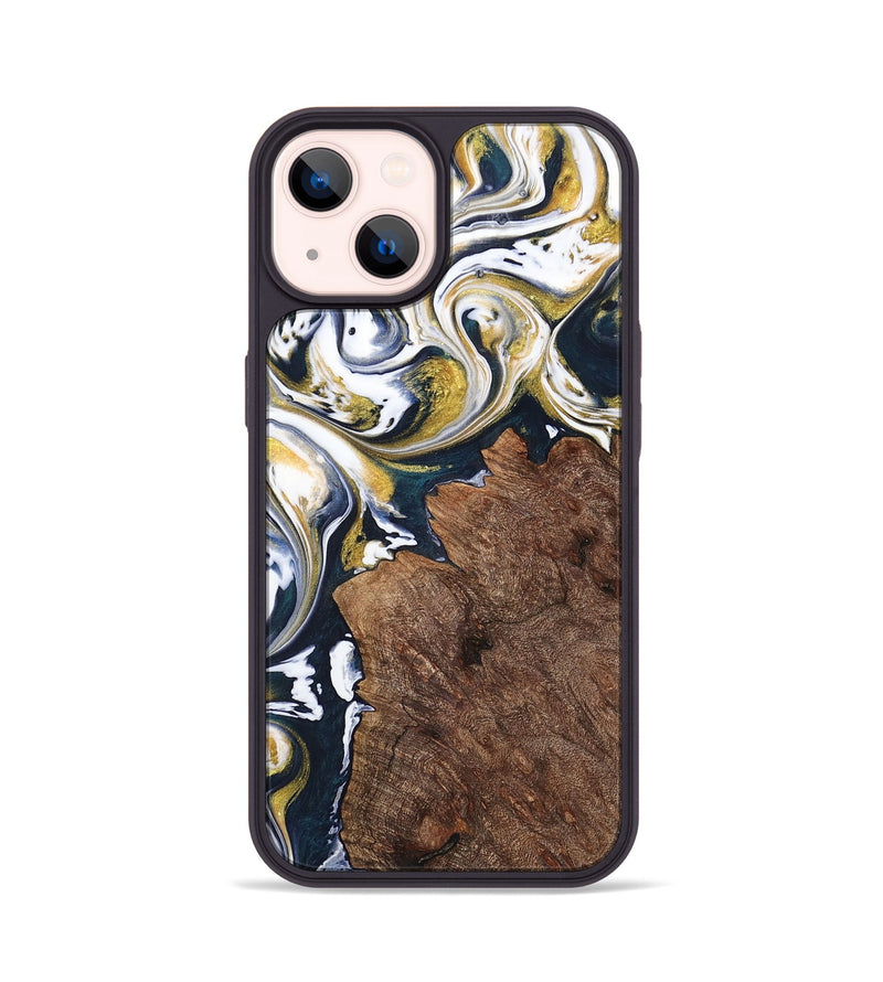 iPhone 14 Wood+Resin Phone Case - Clay (Teal & Gold, 701391)