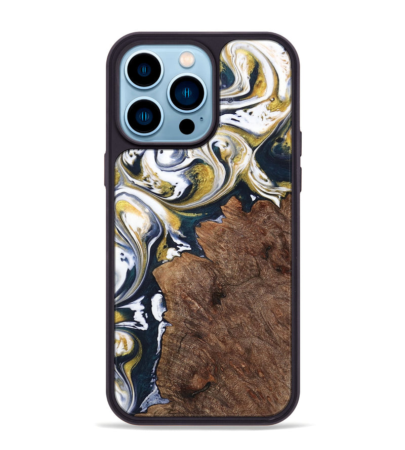 iPhone 14 Pro Max Wood+Resin Phone Case - Clay (Teal & Gold, 701391)