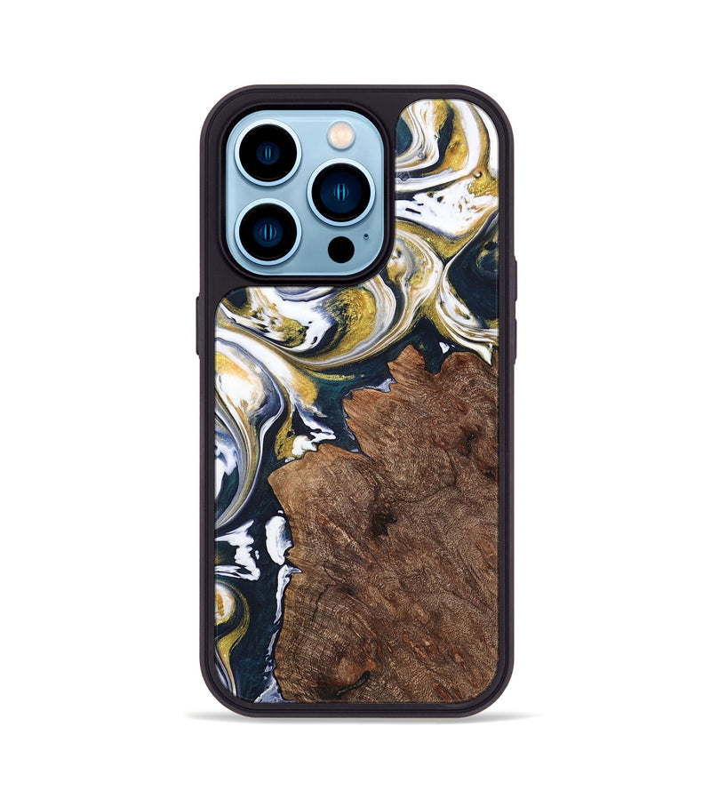 iPhone 14 Pro Wood+Resin Phone Case - Clay (Teal & Gold, 701391)
