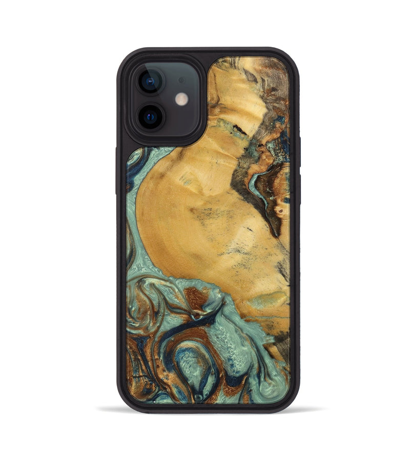 iPhone 12 Wood+Resin Phone Case - Walker (Teal & Gold, 701410)