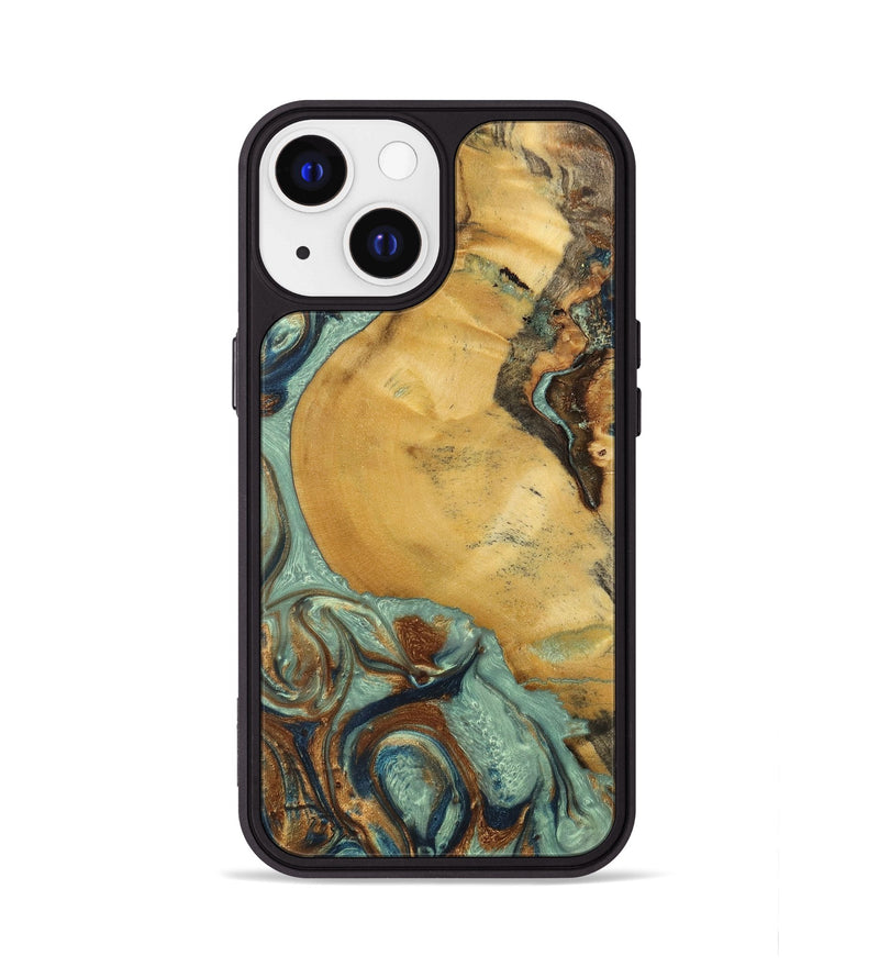 iPhone 13 Wood+Resin Phone Case - Walker (Teal & Gold, 701410)