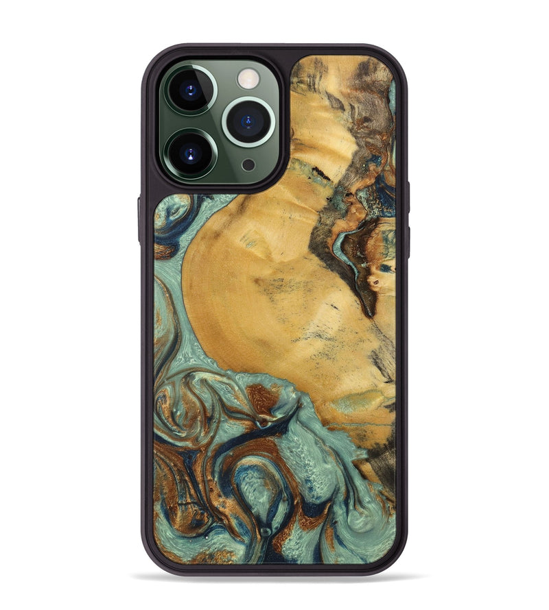 iPhone 13 Pro Max Wood+Resin Phone Case - Walker (Teal & Gold, 701410)