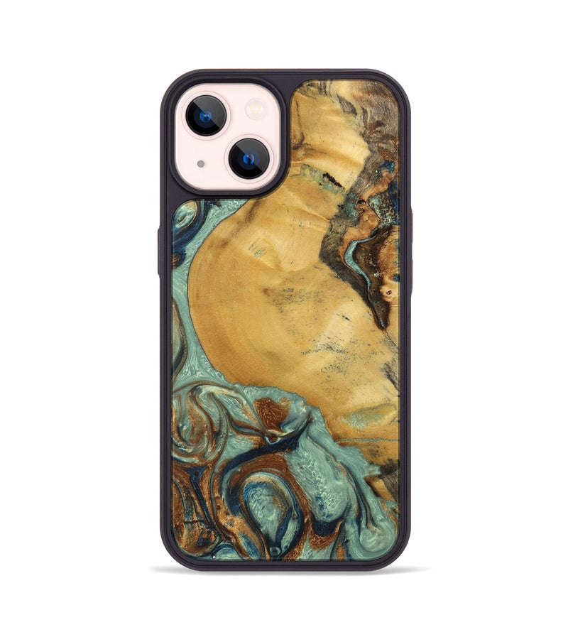 iPhone 14 Wood+Resin Phone Case - Walker (Teal & Gold, 701410)