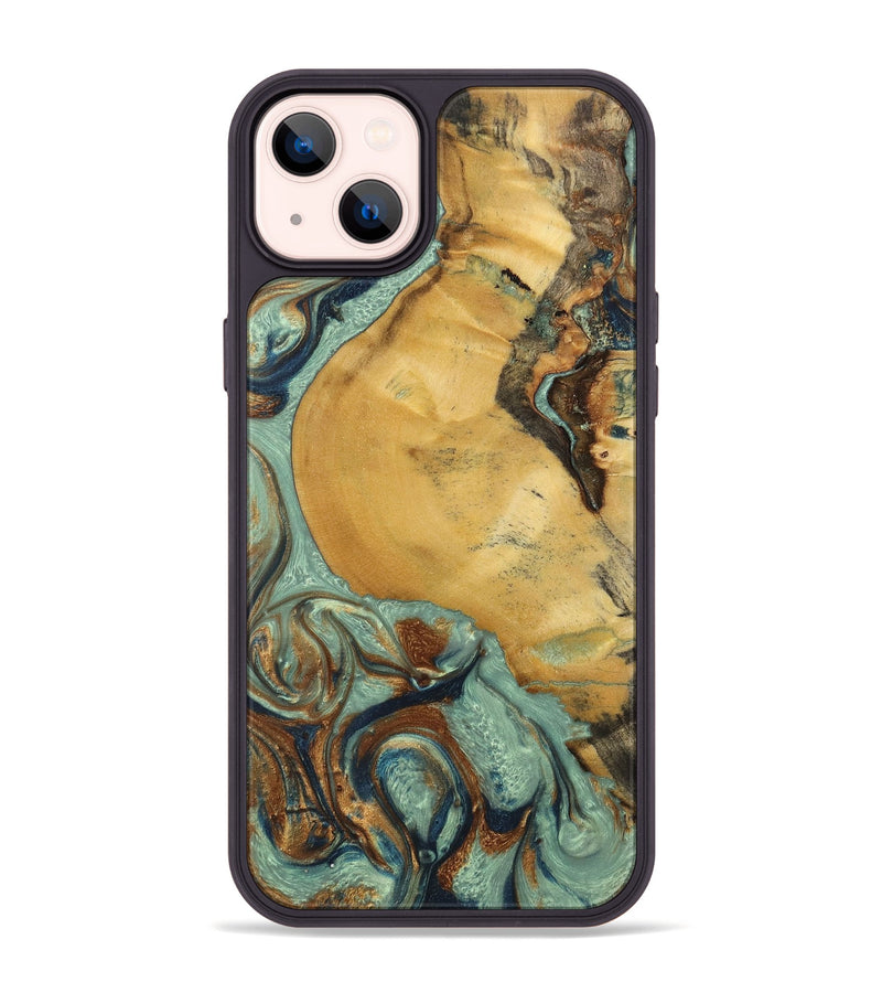 iPhone 14 Plus Wood+Resin Phone Case - Walker (Teal & Gold, 701410)